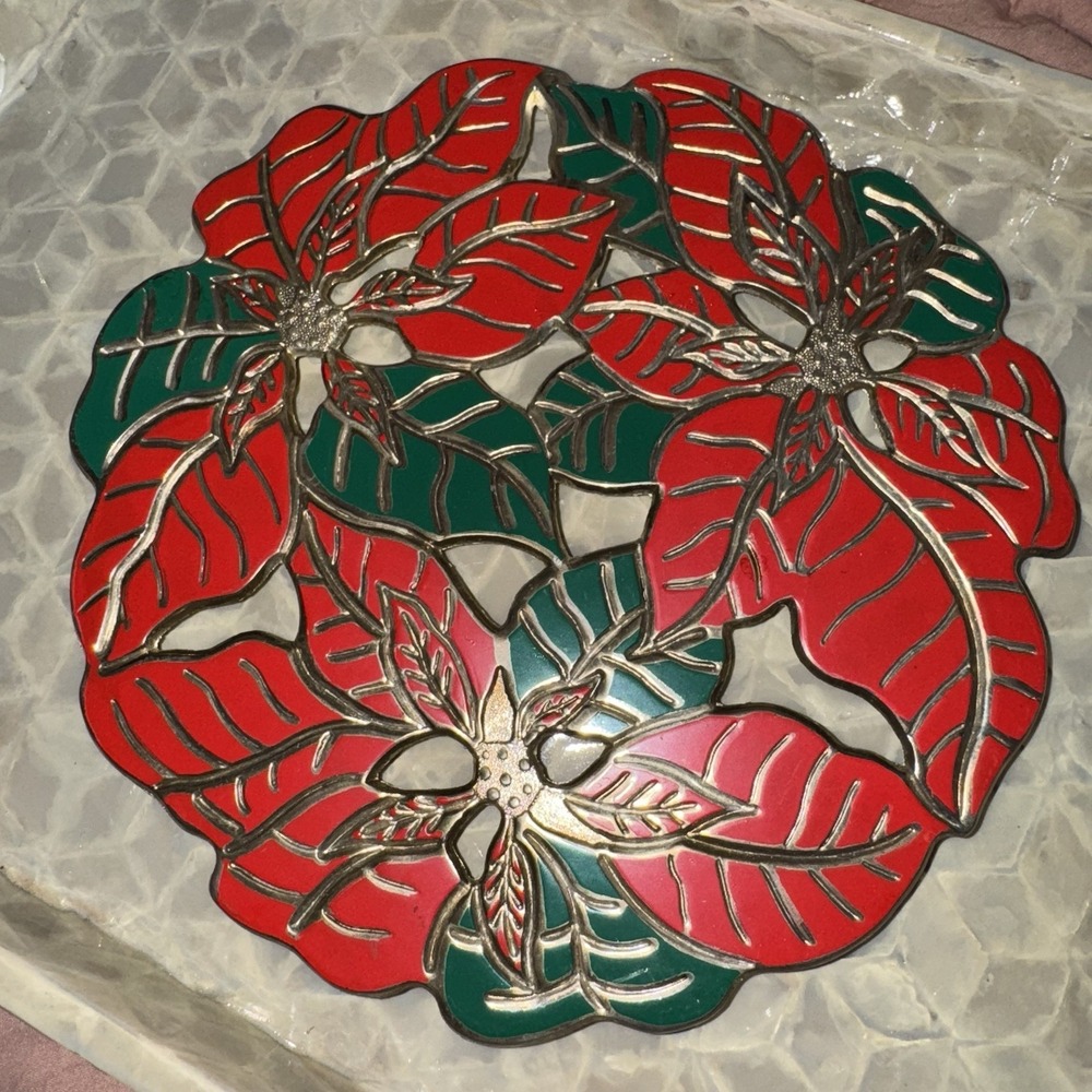 Christmas Silver Plated Trivets Poinsettia Bear In Sleigh